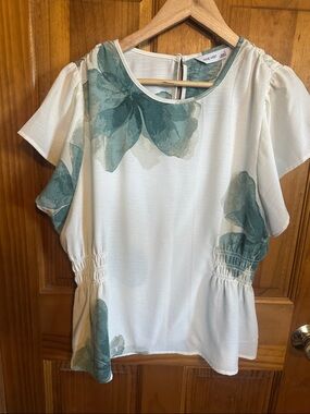 Nine West Cream Blouse with Green Floral Print (Brand new, tags removed)